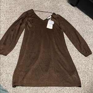 Cream metallic copper/black Long Sleeve knit Dress- nwt